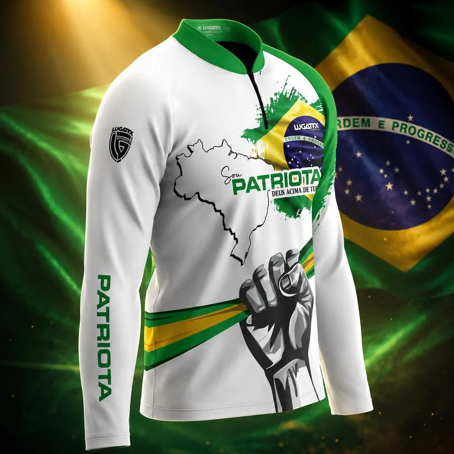Camisa Sou Patriota vestida, detalhe da manga bordada